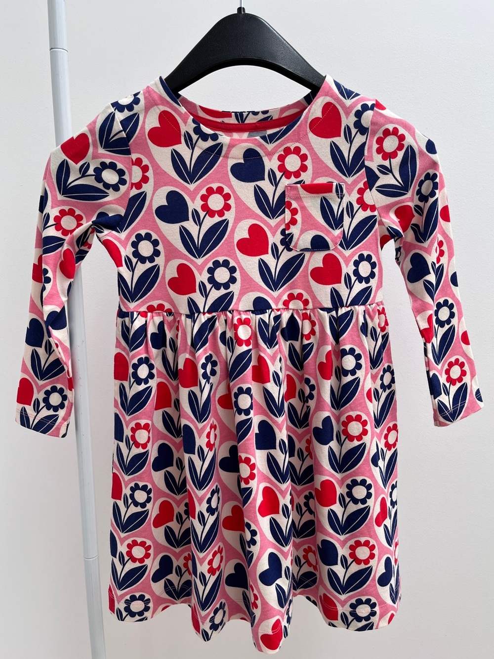 Mini Boden fun print long sleeve cotton jersey dress 6-7Y pockets hearts flowers
